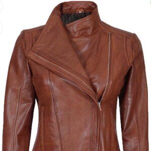 NWOT Women's Asymmetrical Quilted Style Leather Cognac Biker Jacket Size Sm